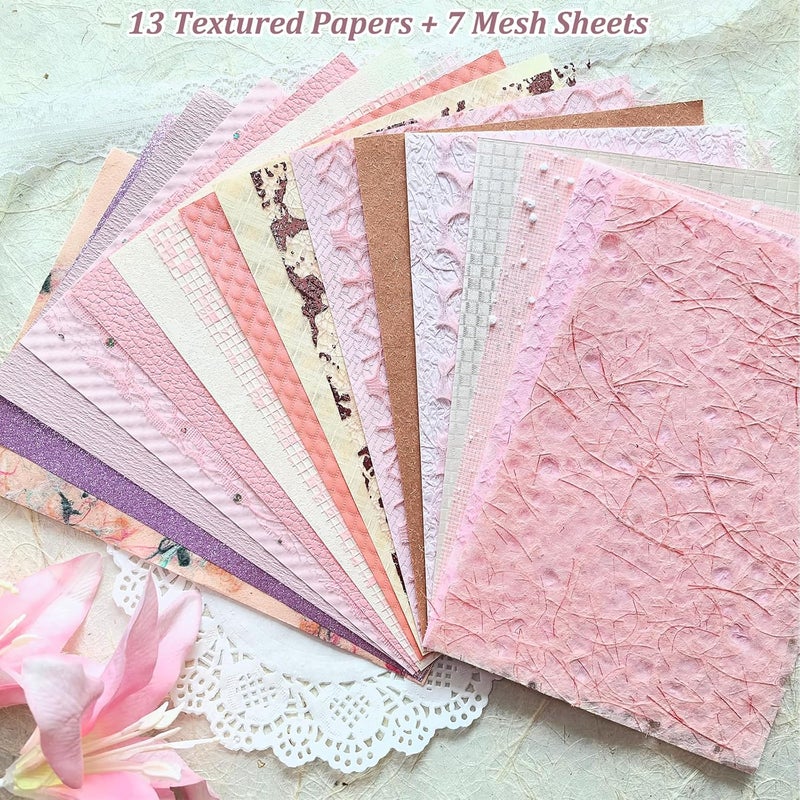Flartmo 20 Unique A5 Textured Scrapbook Paper & Mesh Fabric Set, Handmade Craft Paper for Scrapbooking, Junk Journal Supplies, Card Making, Decoupage, Collage & Gift Embellishments (Pink) - Image 2